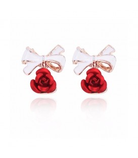 Delicate Red Bow Rose Stud Earrings