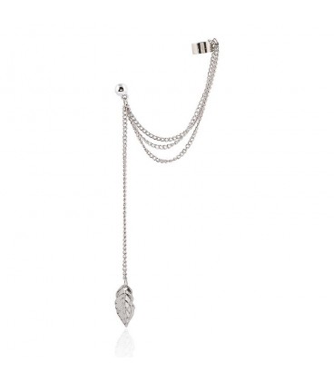 Silver Leaf Tassel Cuff Earring